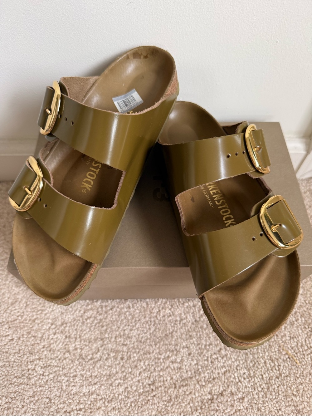 Birkenstock Arizona Two-Strap Sandals in Olive Patent with Gold Buckles